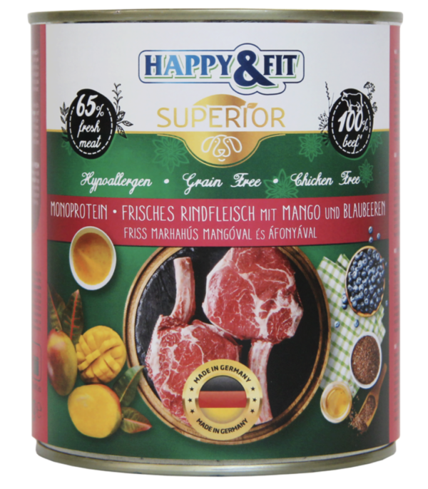 Happy&Fit Superior 100% Monoprotein - Friss Marhahús Mangóval és Áfonyával 400g