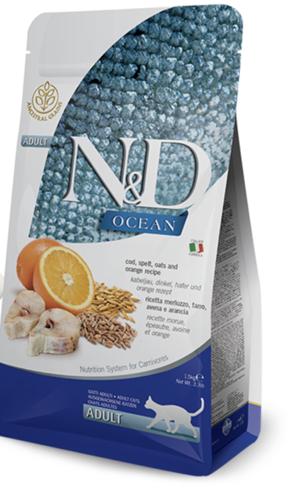 N&D Cat Ocean Tőkehal, Tönköly, Zab & Narancs Adult 1,5kg