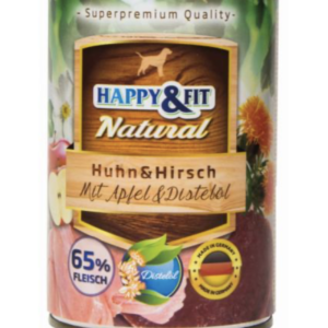 Happy&Fit Natural Dog Konzerv Csirke és Szarvas, Almával és Sáfrányolajjal 400g