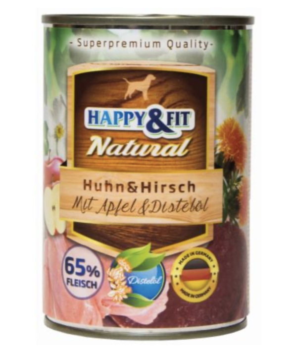 Happy&Fit Natural Dog Konzerv Csirke és Szarvas, Almával és Sáfrányolajjal 400g