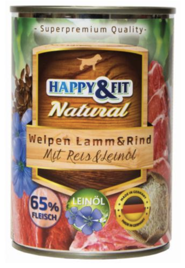 Happy&Fit Natural Dog Konzerv Junior Bárány és Marha, Rizzsel és Lenmagolajjal 400 g