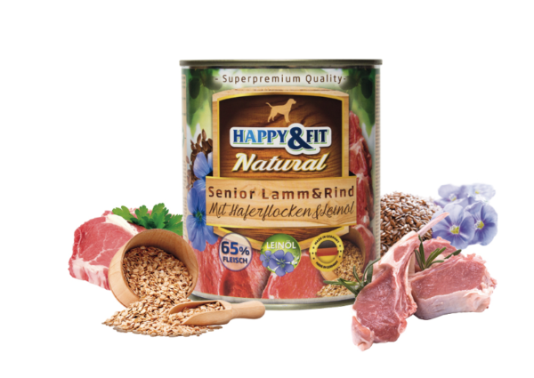 Happy&Fit Natural Dog Konzerv Idős Kutyáknak, Bárányhússal, Marhahússal, Zabpehellyel és Lennmagolajjal 400g