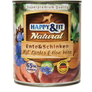 Happy&Fit Natural Dog Konzerv Felnőtt Kutyáknak Kacsahússal, Sonkával, Sütőtökkel és Aloe Verával 400g