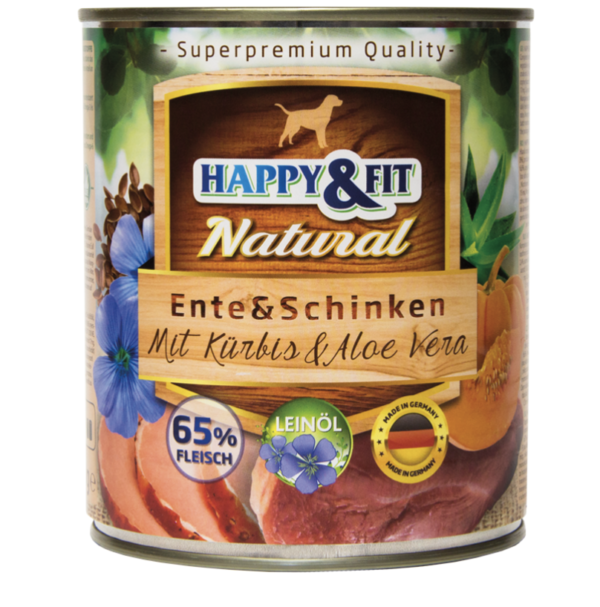 Happy&Fit Natural Dog Konzerv Felnőtt Kutyáknak Kacsahússal, Sonkával, Sütőtökkel és Aloe Verával 400g