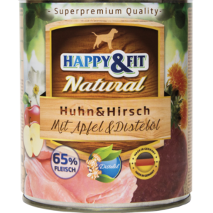 Happy&Fit Natural Dog Konzerv Csirke és Szarvas, Almával és Sáfrányolajjal 800g