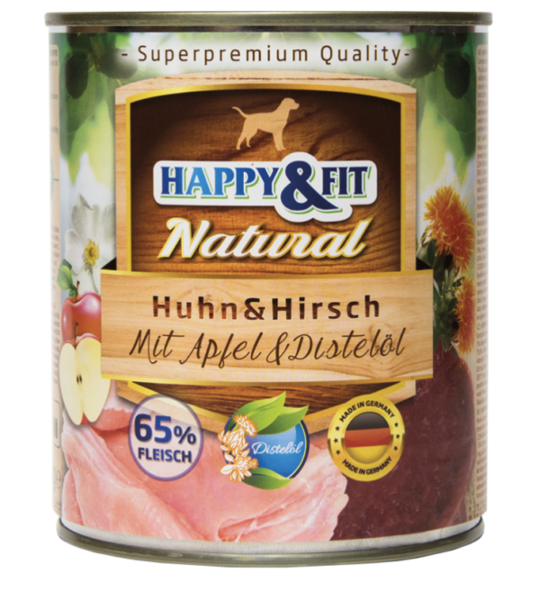 Happy&Fit Natural Dog Konzerv Csirke és Szarvas, Almával és Sáfrányolajjal 800g