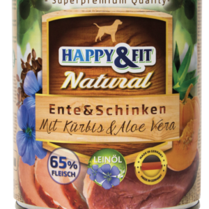 Happy&Fit Natural Dog konzerv Felnőtt Kutyáknak Kacsahússal, Sonkával, Sütőtökkel és Aloe Verával 800g