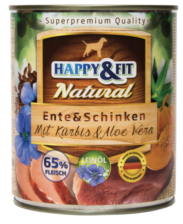 Happy&Fit Natural Dog konzerv Felnőtt Kutyáknak Kacsahússal, Sonkával, Sütőtökkel és Aloe Verával 800g