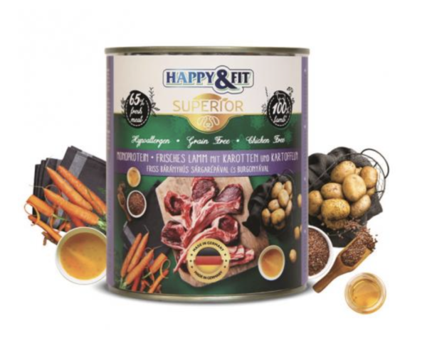 Happy&Fit Superior 100% Monoprotein– Friss Bárányhús Sárgarépával és Burgonyával 800g