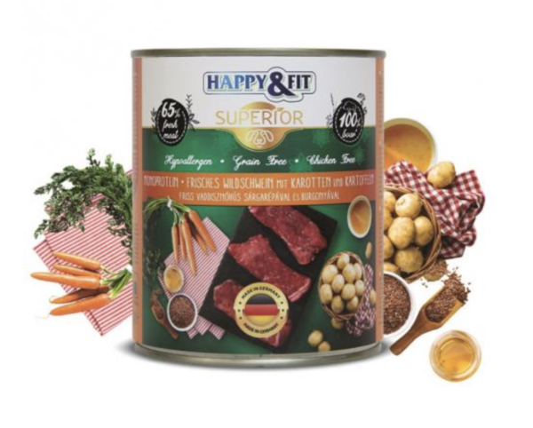 Happy&Fit Superior 100% Monoprotein – Friss Vaddisznóhús Sárgarépával és Burgonyával 800g