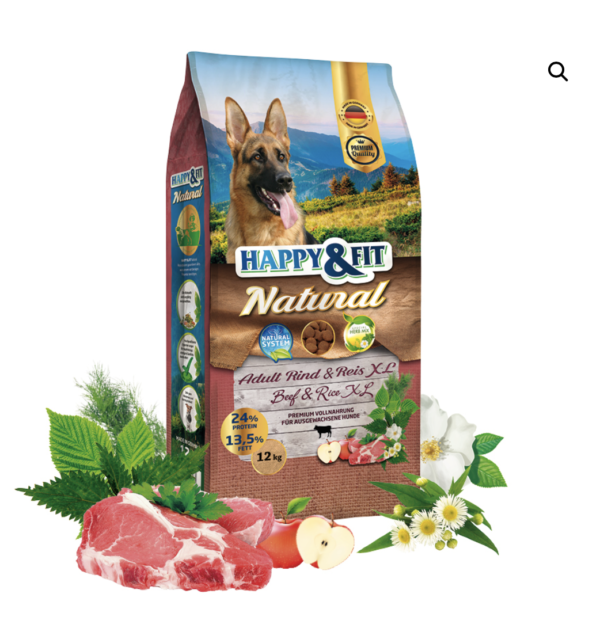 Happy&Fit Natural Adult Rind & Reis XL (Nagytestű Felnőtt Kutyák Részére Marhahús, Rizs 12kg
