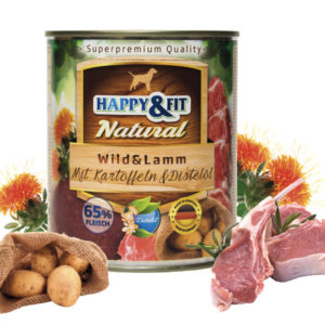 Happy&Fit Natural Dog Konzerv Vadhús és Bárány Burgonyával és Sáfrányolajjal 400g