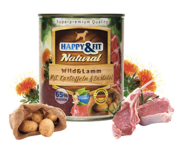 Happy&Fit Natural Dog Konzerv Vadhús és Bárány Burgonyával és Sáfrányolajjal 400g