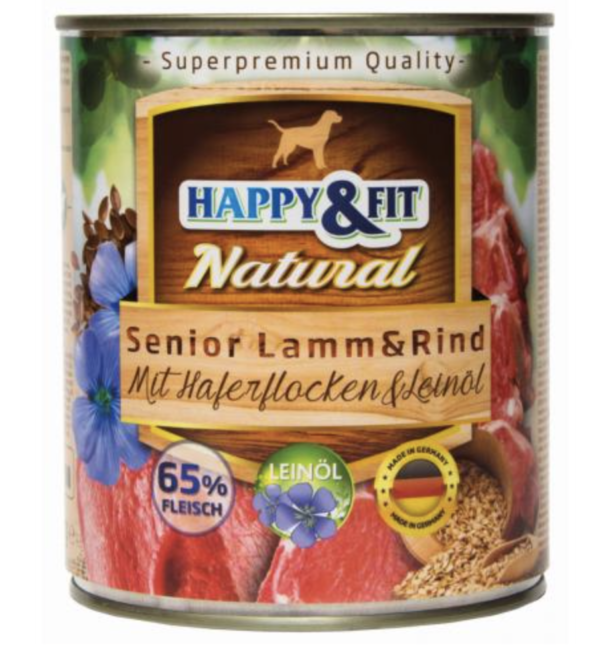Happy&Fit Natural Dog Konzerv Senior Bárány és Marha Zabliszttel és Lenmagolajjal 800g