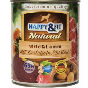 Happy&Fit Natural Dog Konzerv Vadhús és Bárány Burgonyával és Sáfrányolajjal 800g