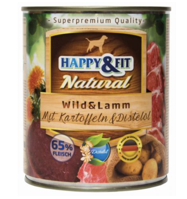 Happy&Fit Natural Dog Konzerv Vadhús és Bárány Burgonyával és Sáfrányolajjal 800g