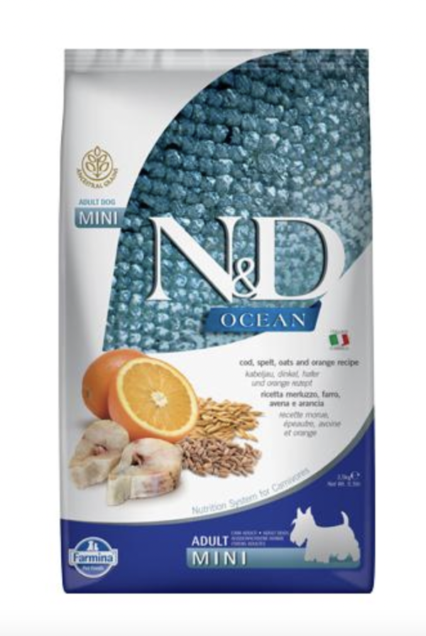 N&D Dog Ocean Tőkehal, Tönköly, Zab & Narancs Adult Mini 2,5kg