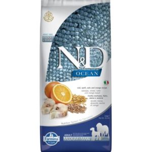 N&D Dog Ocean Tőkehal, Tönköly, Zab & Narancs Adult Medium & Maxi 12kg
