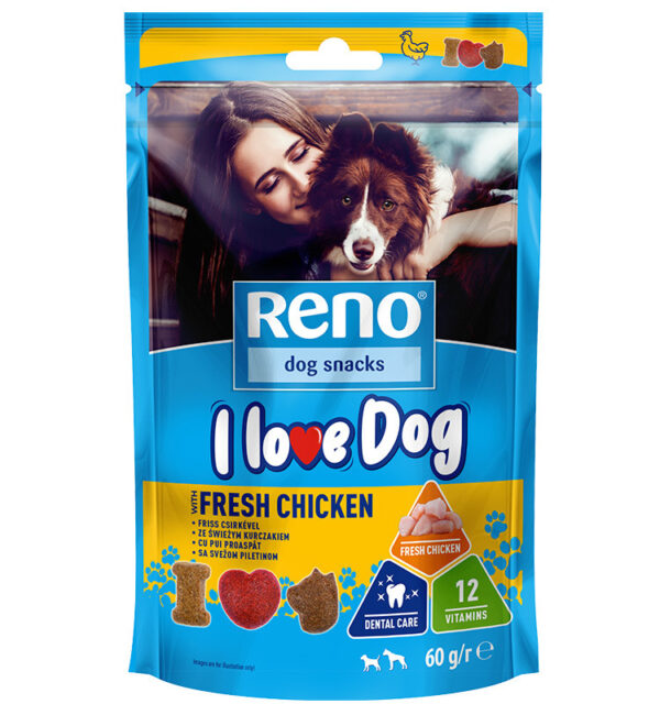 RENO I LOVE DOG –  ropogós jutalomfalatkák friss csirkével, 60g