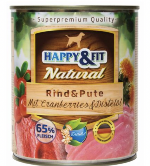 Happy&Fit Natural Dog Konzerv Marha és Pulyka Áfonyával és Sáfrányolajjal