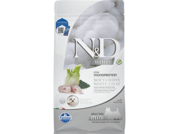 N&D White Dog tengeri sügér, spirulina&édeskömény adult mini 2kg