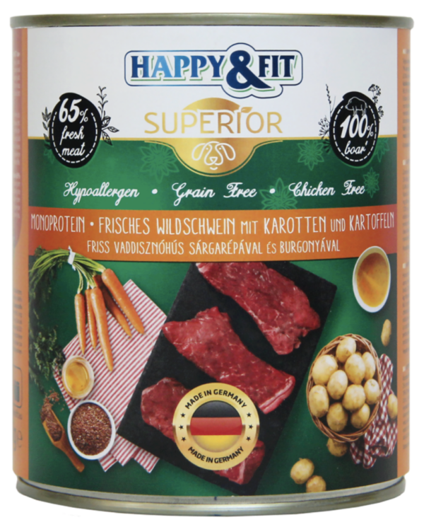 Happy&Fit Superior Dog konzerv friss vaddisznóhús sárgarépával, burgonyával