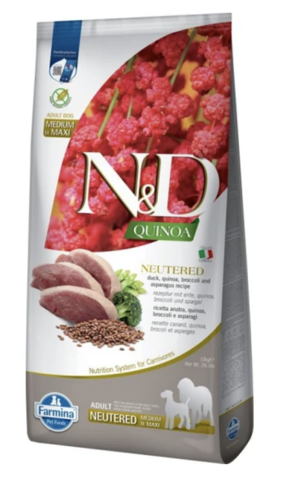 N&D Quinoa Dog Kacsa,brokkoli&spárga adult neutered medium&maxi 12kg