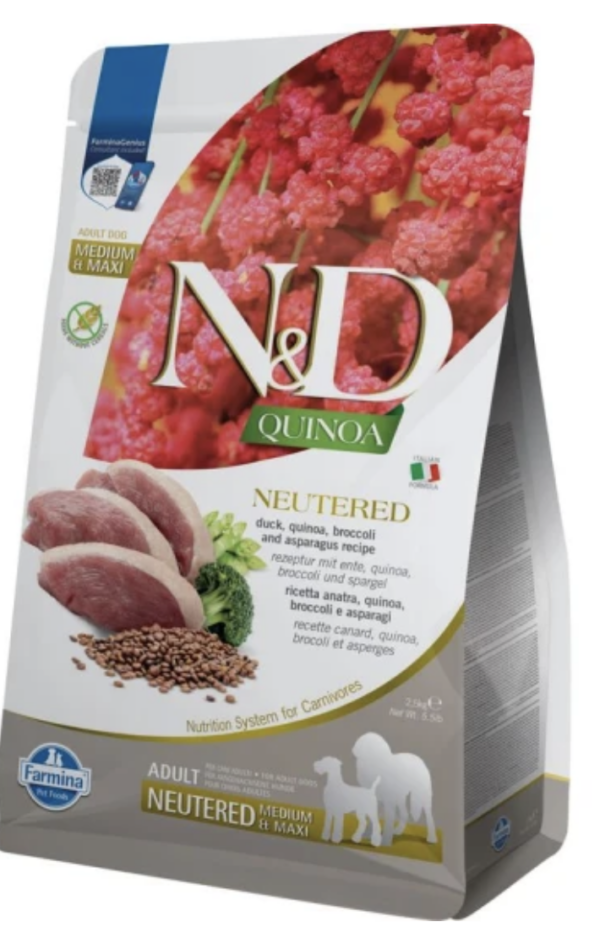N&D Quinoa Dog Kacsa,brokkoli&spárga adult neutered medium&maxi 2,5kg