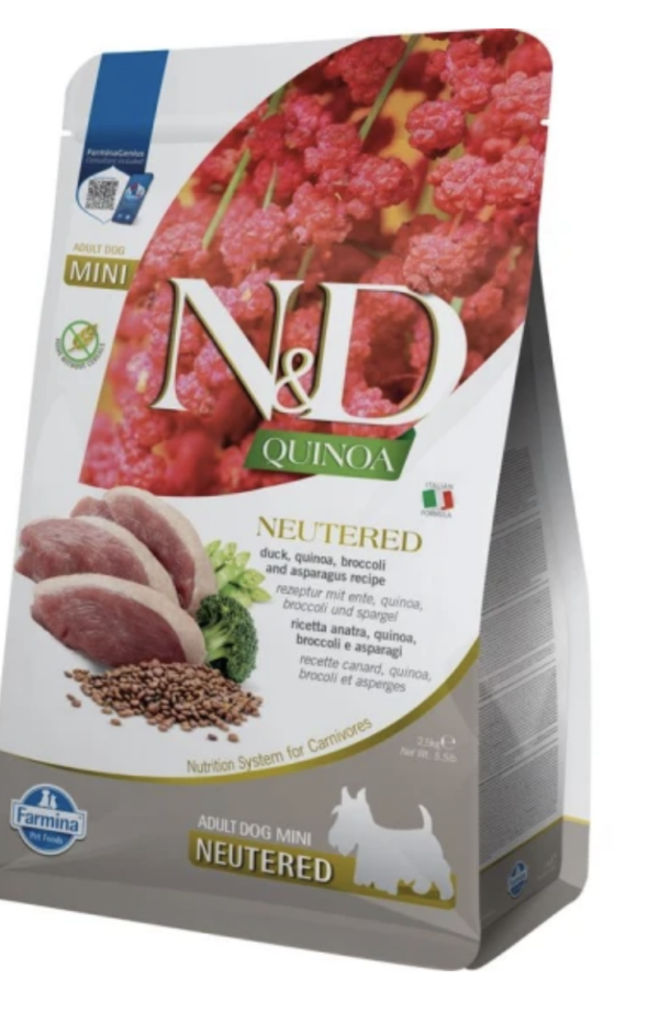 N&D Quinoa Dog Kacsa,brokkoli&spárga neutered adult mini 2,5kg
