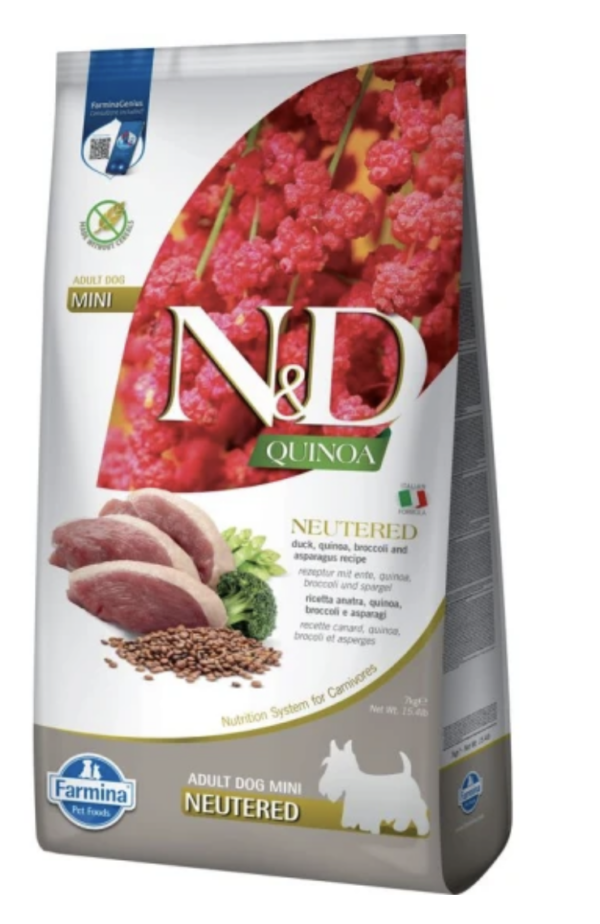 N&D Quinoa Dog Kacsa,brokkoli&spárga Neutered Adult Mini 7kg