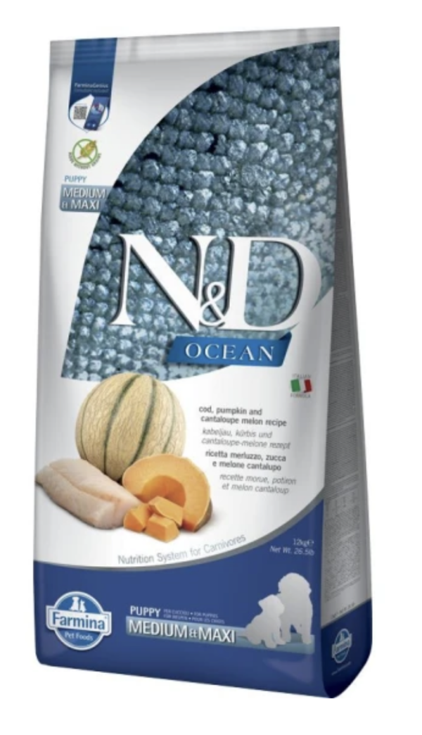 N&D Ocean Dog tőkehal,sütőtök&sárgadinnye Puppy medium/maxi 12kg